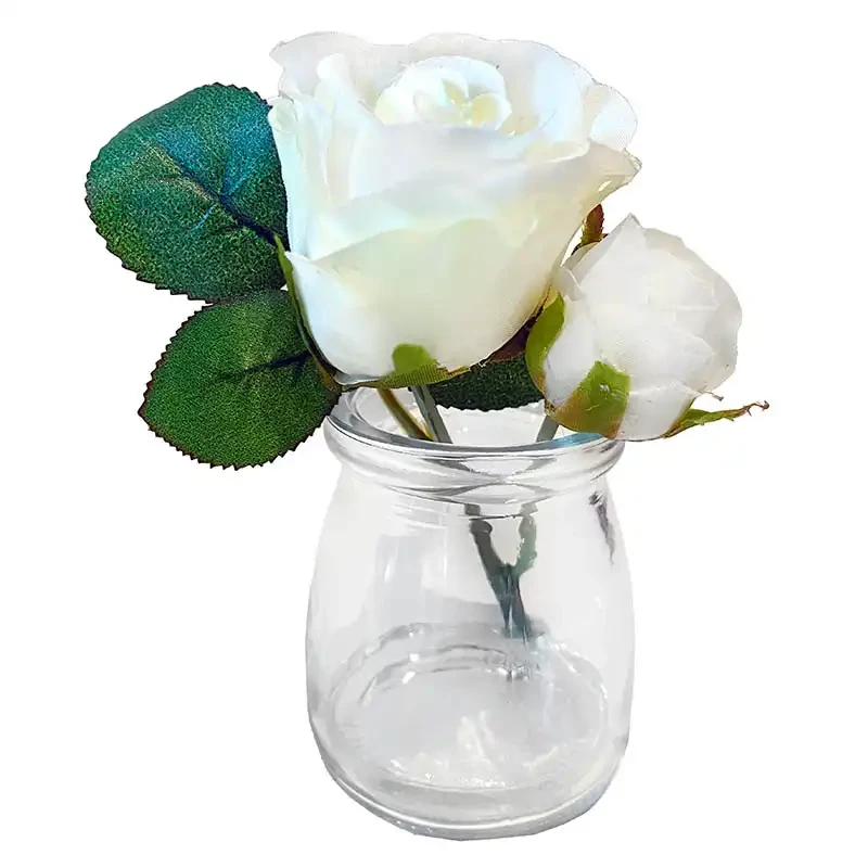 Rosbukett i glas, 12cm, vit, konstgjord blomma