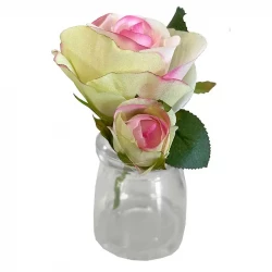 Rosbukett i glas, rosa, 12 cm, konstgjord blomma