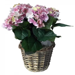 Hortensia i flätkorg, 45cm, ljusröd, konstgjord blomma