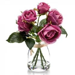 Rosbukett i glas, 5 st, rosa, 18 cm, konstgjord blomma